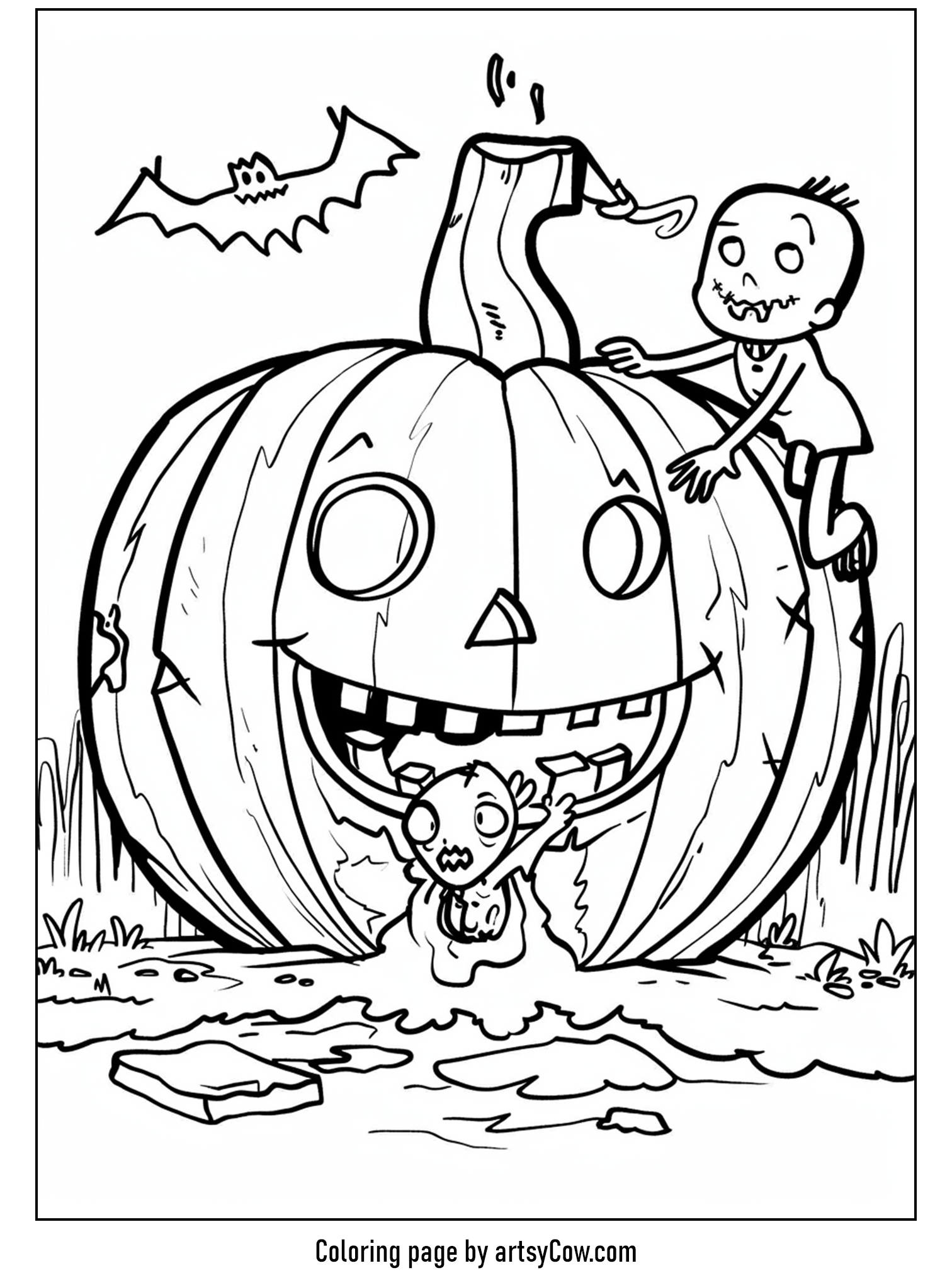 halloween pumpkin drawings for kids show a large pumpkin with wide, cheerful eyes and a zombie playfully climbing it. There's also a frightened little ghost near its base, under a nightly spooky scene with a bat flying above.